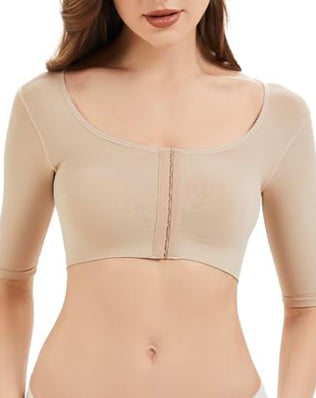 Problems Solved women's arm shaper for post-surgery, compression sleeves with front closure, designed for lipo and arm support.