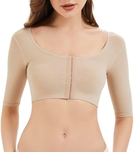 Problems Solved women's arm shaper for post-surgery, compression sleeves with front closure, designed for lipo and arm support.