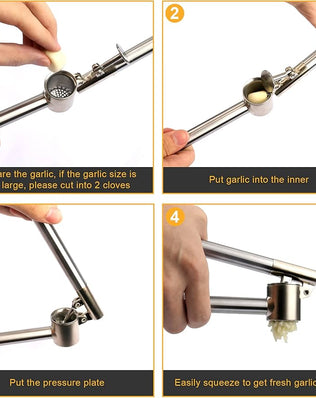 Problems Solved stainless steel garlic press with ergonomic handles, designed for mincing and crushing garlic efficiently.