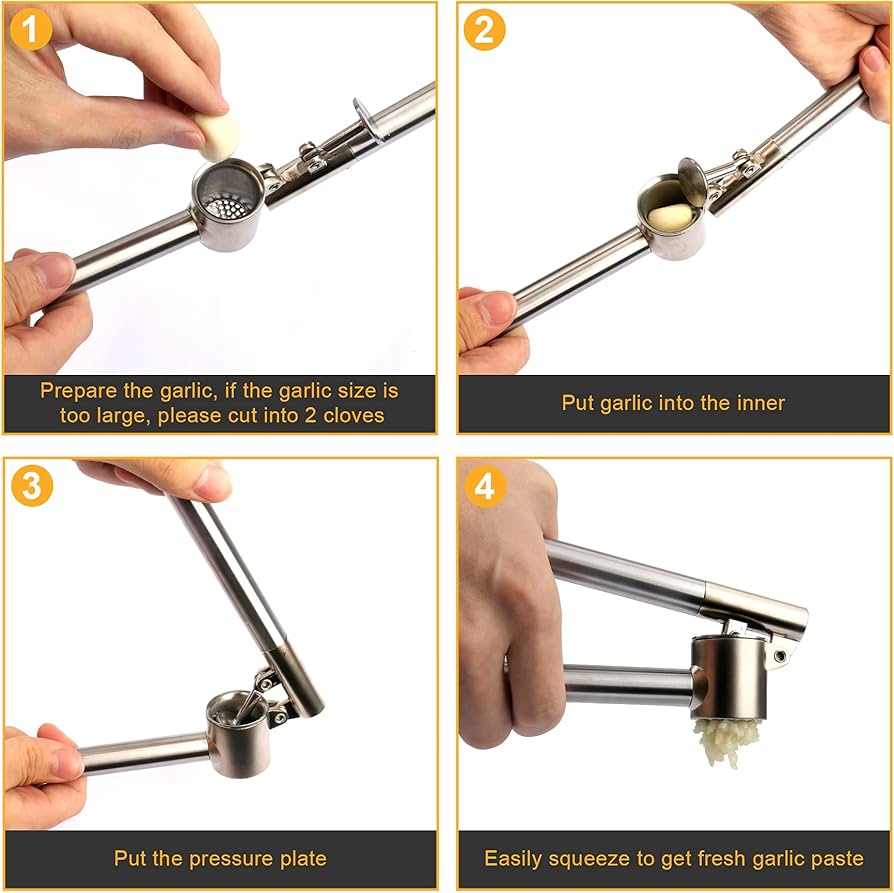 Problems Solved stainless steel garlic press with ergonomic handles, designed for mincing and crushing garlic efficiently.