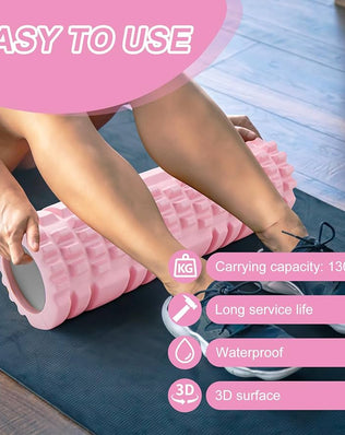 Problems Solved pink Pilates foam roller and yoga column for fascia release and muscle recovery, sports foam roller for exercise.
