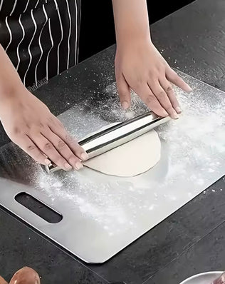 Problems Solved stainless steel 3-piece cutting boards set with non-slip bases, dishwasher safe kitchen boards in a sleek design.