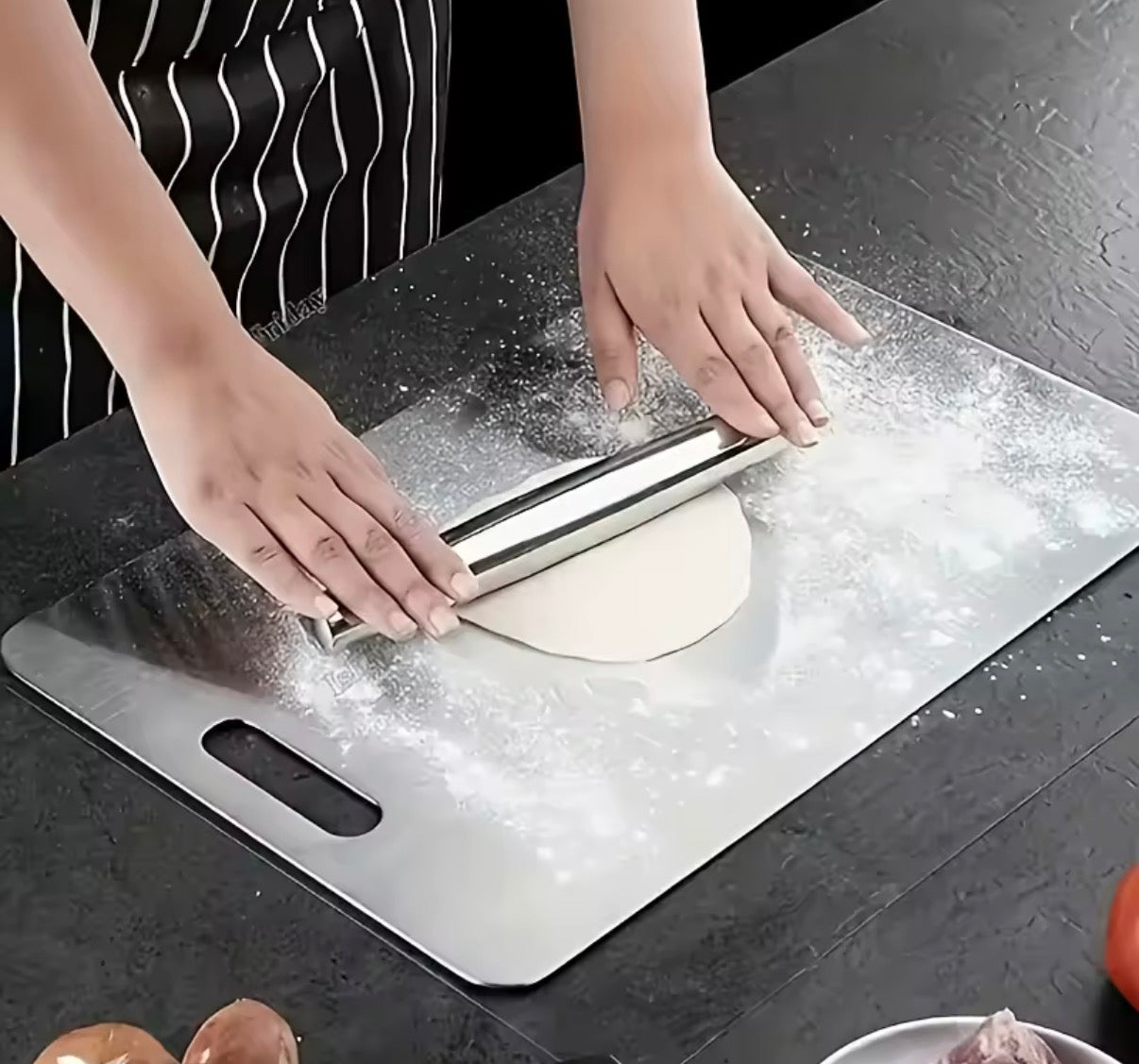 Problems Solved stainless steel 3-piece cutting boards set with non-slip bases, dishwasher safe kitchen boards in a sleek design.