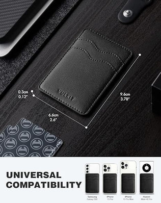 Slim leather phone card holder by Problems Solved, adhesive design for men and women, holds credit cards and IDs securely.