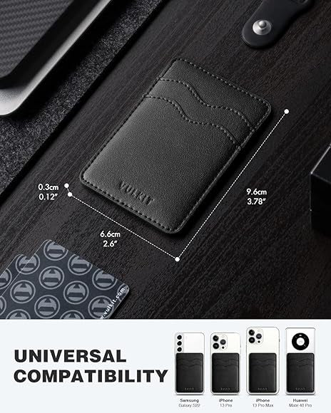 Slim leather phone card holder by Problems Solved, adhesive design for men and women, holds credit cards and IDs securely.