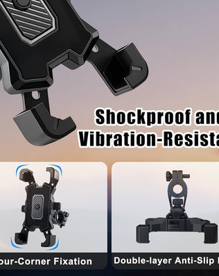Problems Solved bike phone handlebar mount with safety lock and anti-vibration features, showing a phone secured on a motorbike handlebar.