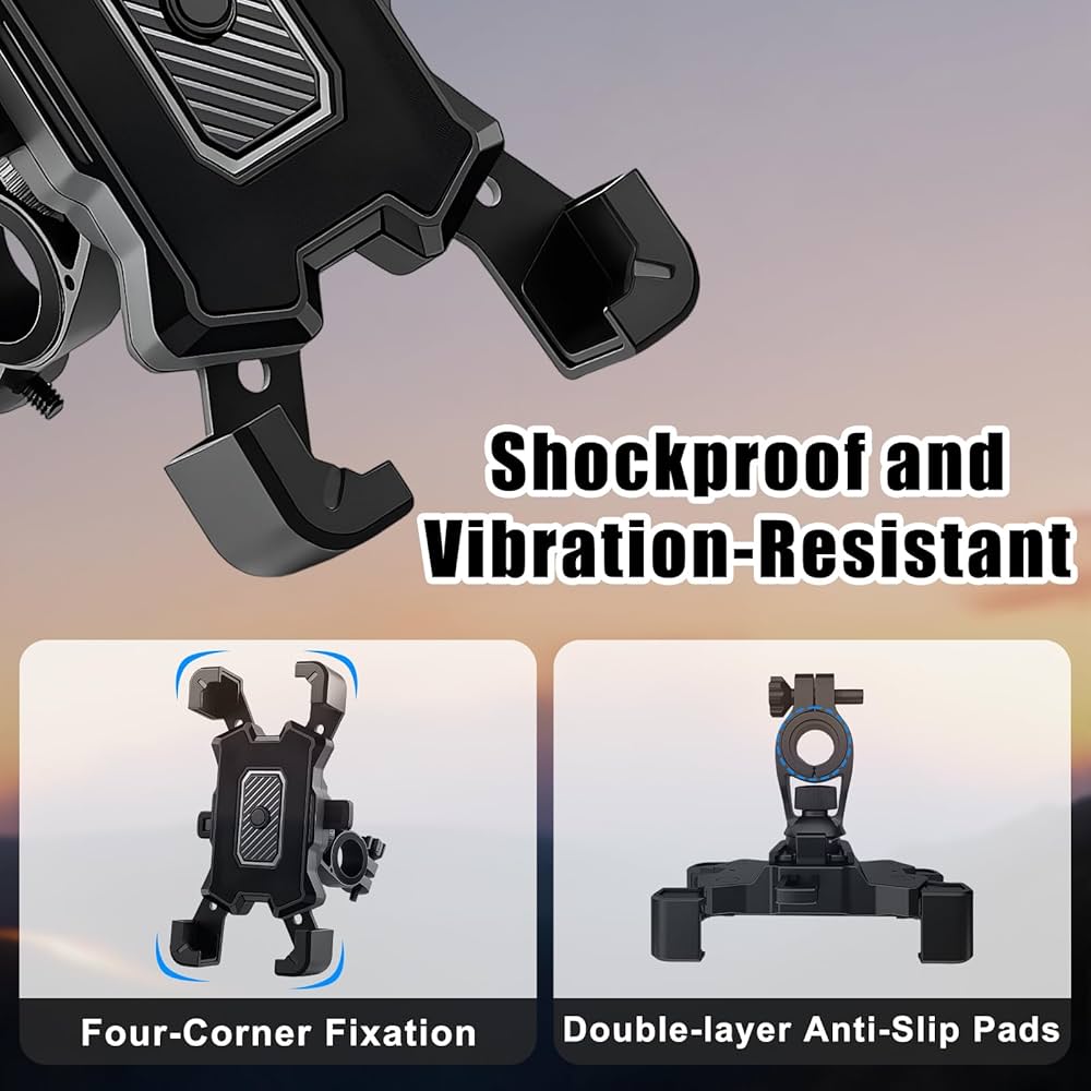 Problems Solved bike phone handlebar mount with safety lock and anti-vibration features, showing a phone secured on a motorbike handlebar.