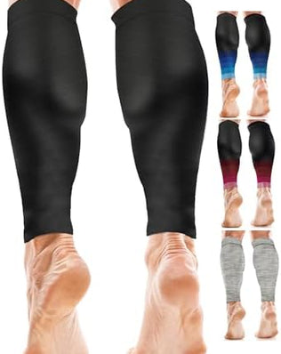 Problems Solved calf support compression sleeves for women and men, designed for running, shown in a pair on white background.