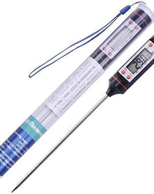 Problems Solved digital thermometer showing LCD display for candle making, wax melting, and grilling turkey, meat, chicken, or BBQ.