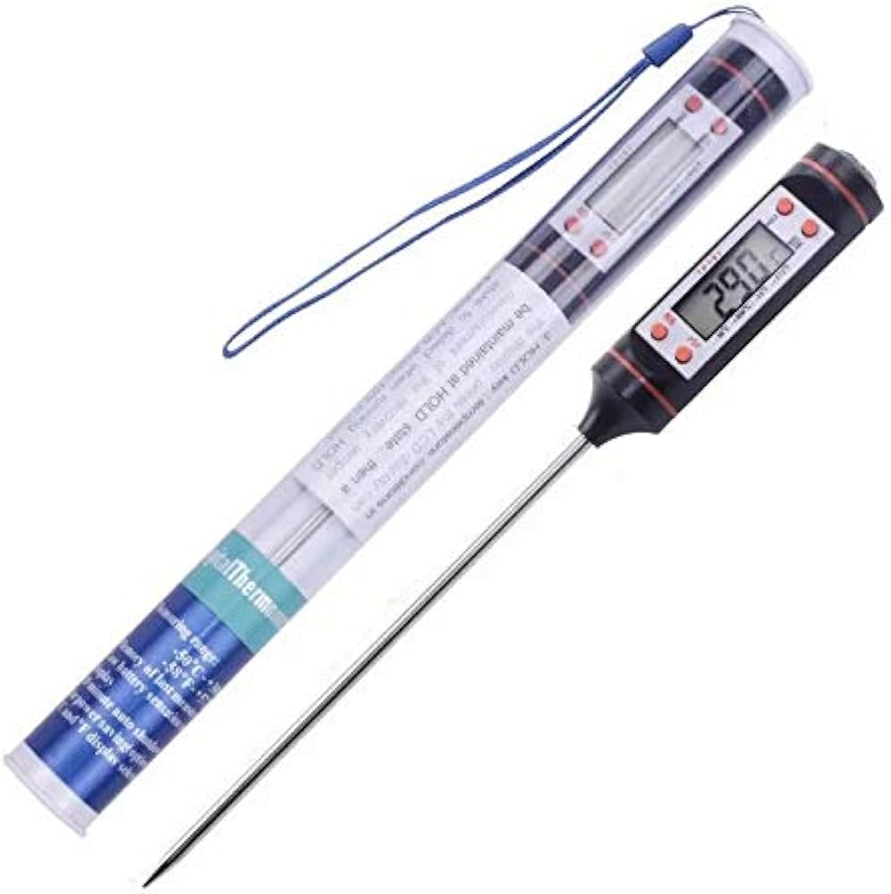Problems Solved digital thermometer showing LCD display for candle making, wax melting, and grilling turkey, meat, chicken, or BBQ.