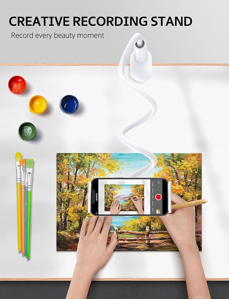 Flexible tablet holder with 360-degree adjustable lazy arm, compatible with phones and tablets, by Problems Solved.