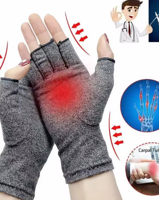 Problems Solved compression arthritis gloves with wrist support and therapy wristband, showing a close-up of the breathable fabric.