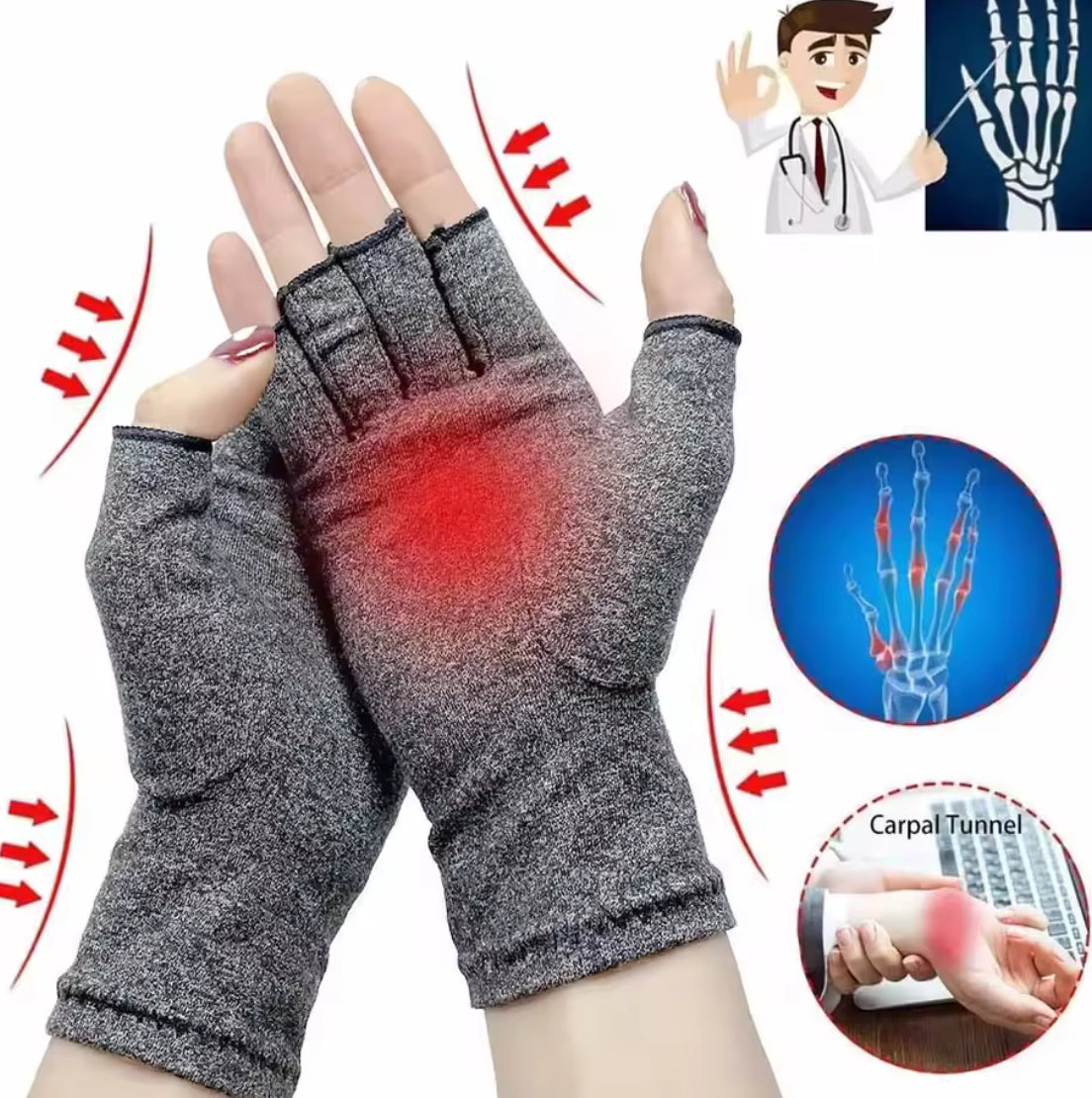 Problems Solved compression arthritis gloves with wrist support and therapy wristband, showing a close-up of the breathable fabric.