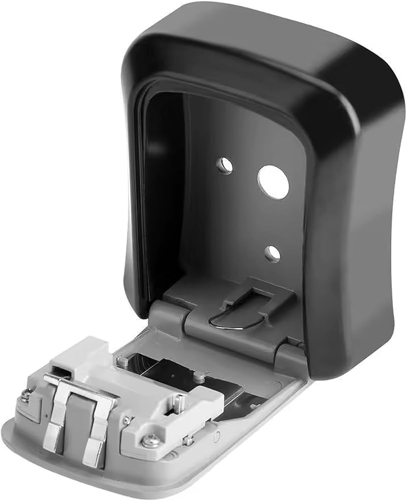 Problems Solved wall-mounted key safe lock box with numeric code for outdoor key storage, featuring a sturdy metal design.