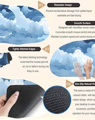Blue and white puffy cloud desk mat from Problems Solved, featuring a cute gaming mouse pad design for desktop setup.