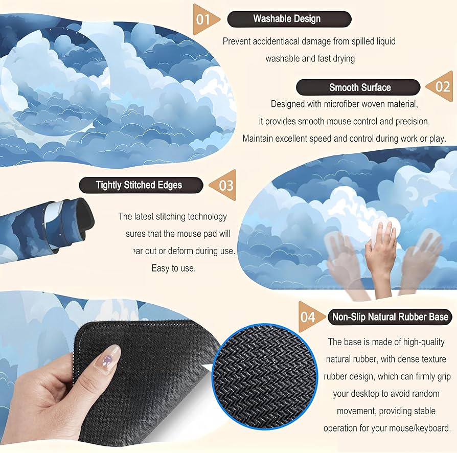 Blue and white puffy cloud desk mat from Problems Solved, featuring a cute gaming mouse pad design for desktop setup.