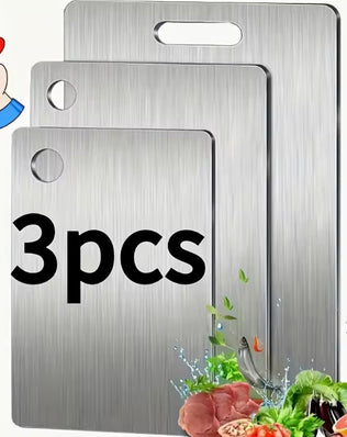 Problems Solved stainless steel 3-piece cutting boards set with non-slip bases, dishwasher safe kitchen boards for food prep.