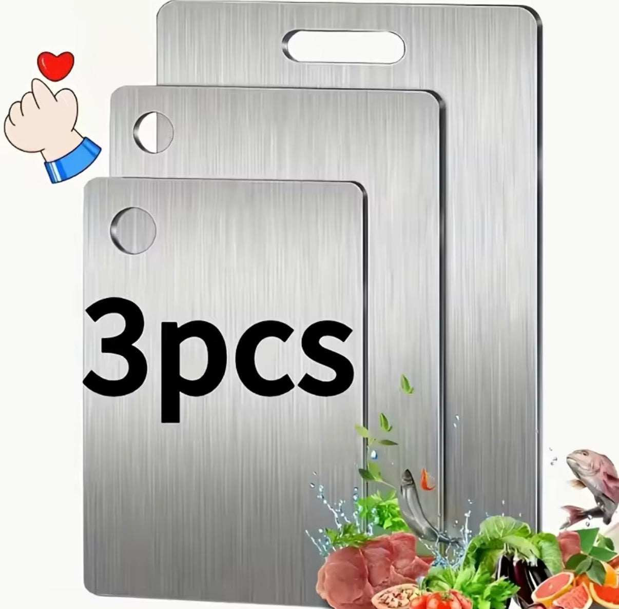Problems Solved stainless steel 3-piece cutting boards set with non-slip bases, dishwasher safe kitchen boards for food prep.