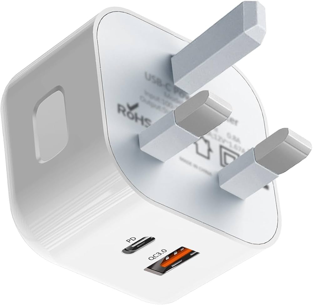 Problems Solved 20W USB C fast charger plug for iPhone, UK plug with USB C connector, compact and reliable charging adapter.
