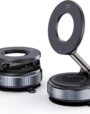 Problems Solved magnetic phone holder with 360° rotation, adjustable and foldable design, attached to a car dashboard.