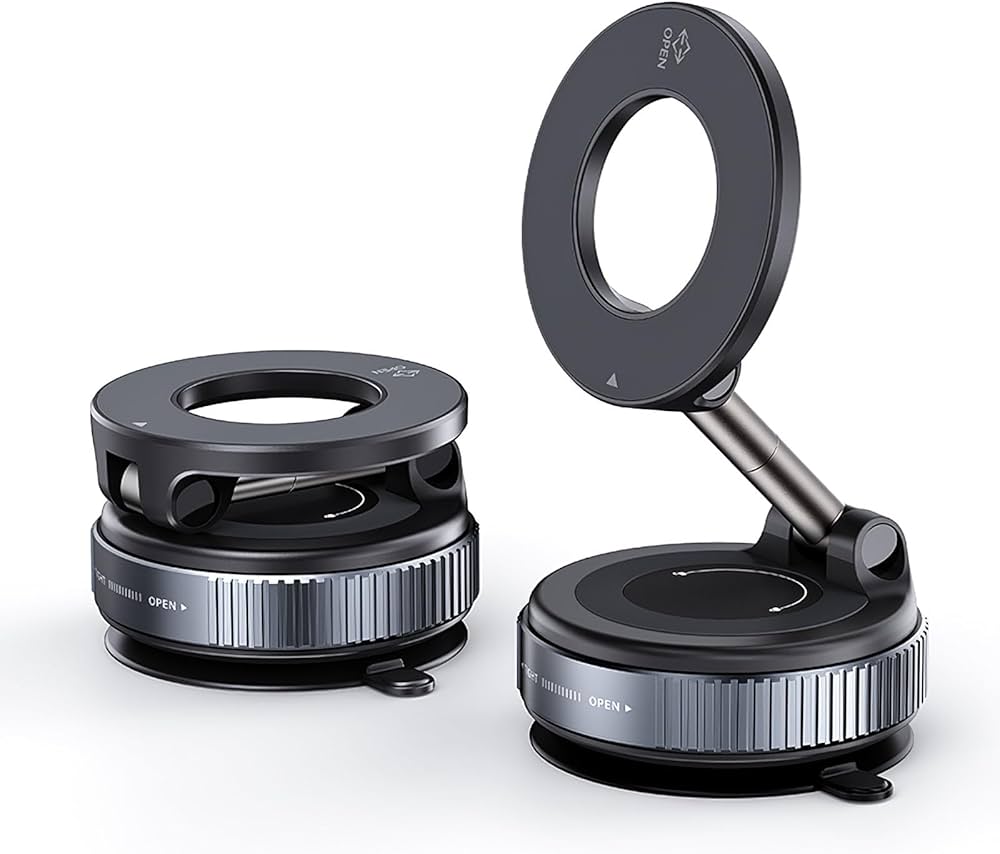 Problems Solved magnetic phone holder with 360° rotation, adjustable and foldable design, attached to a car dashboard.