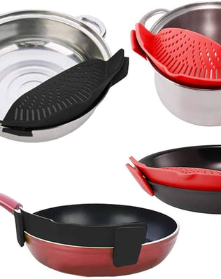 Problems Solved Snap Strainer clip-on silicone strainer for pots and pans, heat-resistant and hands-free kitchen tool.