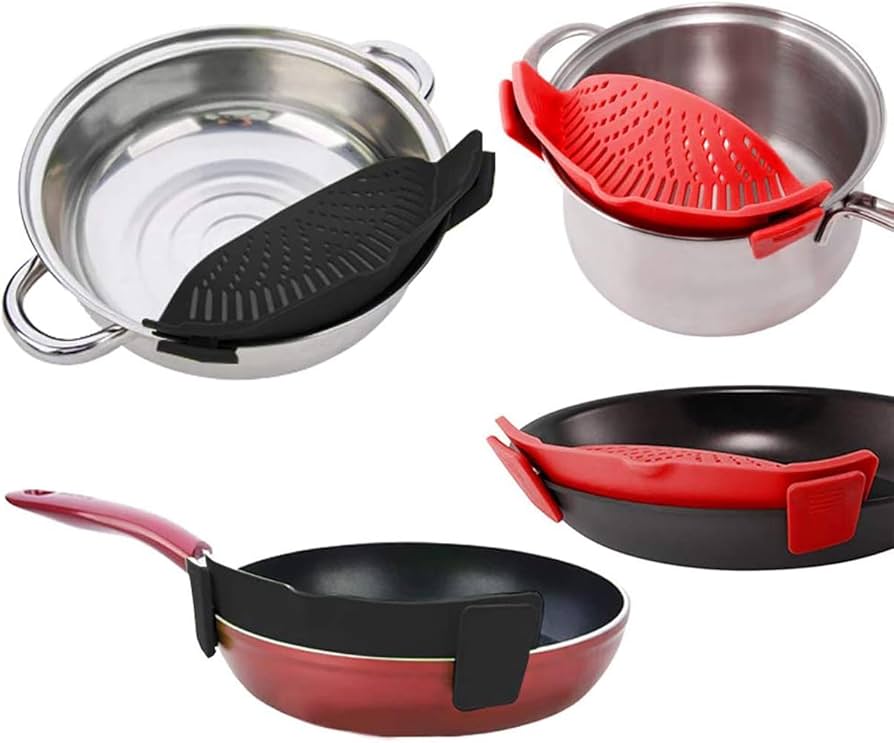 Problems Solved Snap Strainer clip-on silicone strainer for pots and pans, heat-resistant and hands-free kitchen tool.