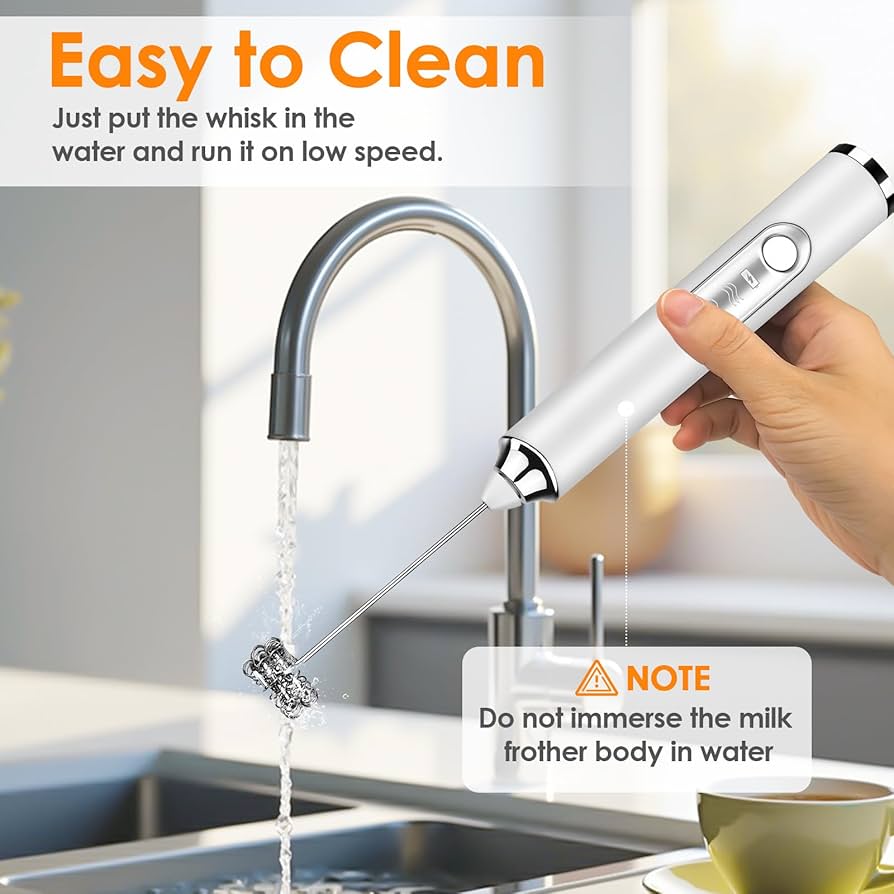 Problems Solved handheld rechargeable milk frother with stainless steel wands, ideal for frothing milk for coffee drinks.