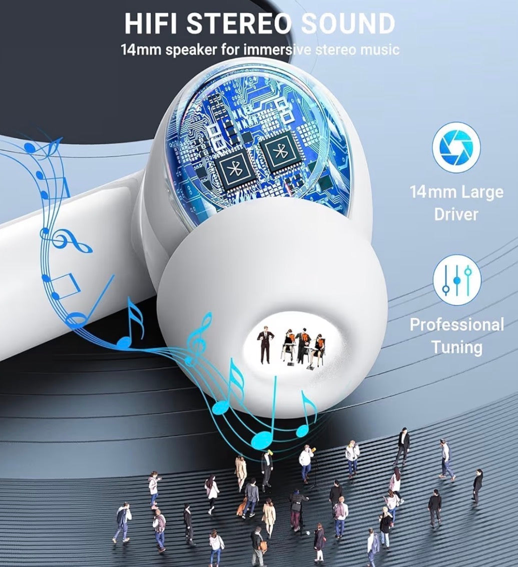 Problems Solved wireless Bluetooth 5.0 noise cancelling earbuds with sleek in-ear design and charging case.