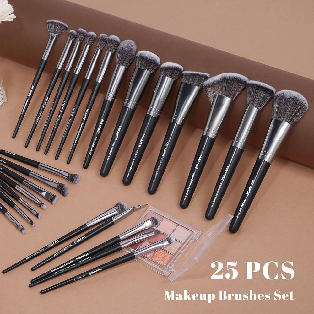 Problems Solved 25-piece professional makeup brush set with foundation and blush brushes, displayed with various brush shapes and sizes.
