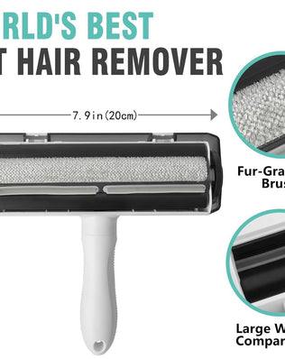 Problems Solved reusable lint roller for pet hair, showing sticky surface with pet hair on washable cat and dog hair remover.