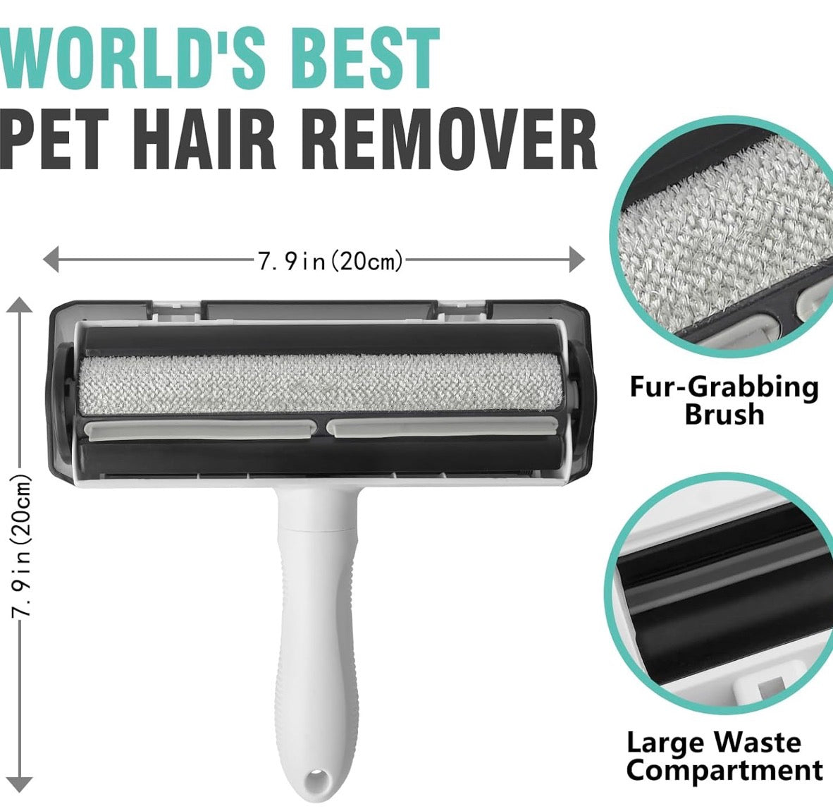 Problems Solved reusable lint roller for pet hair, showing sticky surface with pet hair on washable cat and dog hair remover.