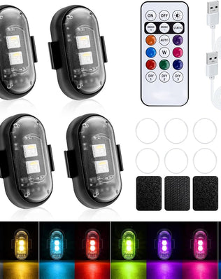 Problems Solved 4-pack LED car strobe lights with remote, wireless ambient lights in 8 colors, showing installed on vehicle.