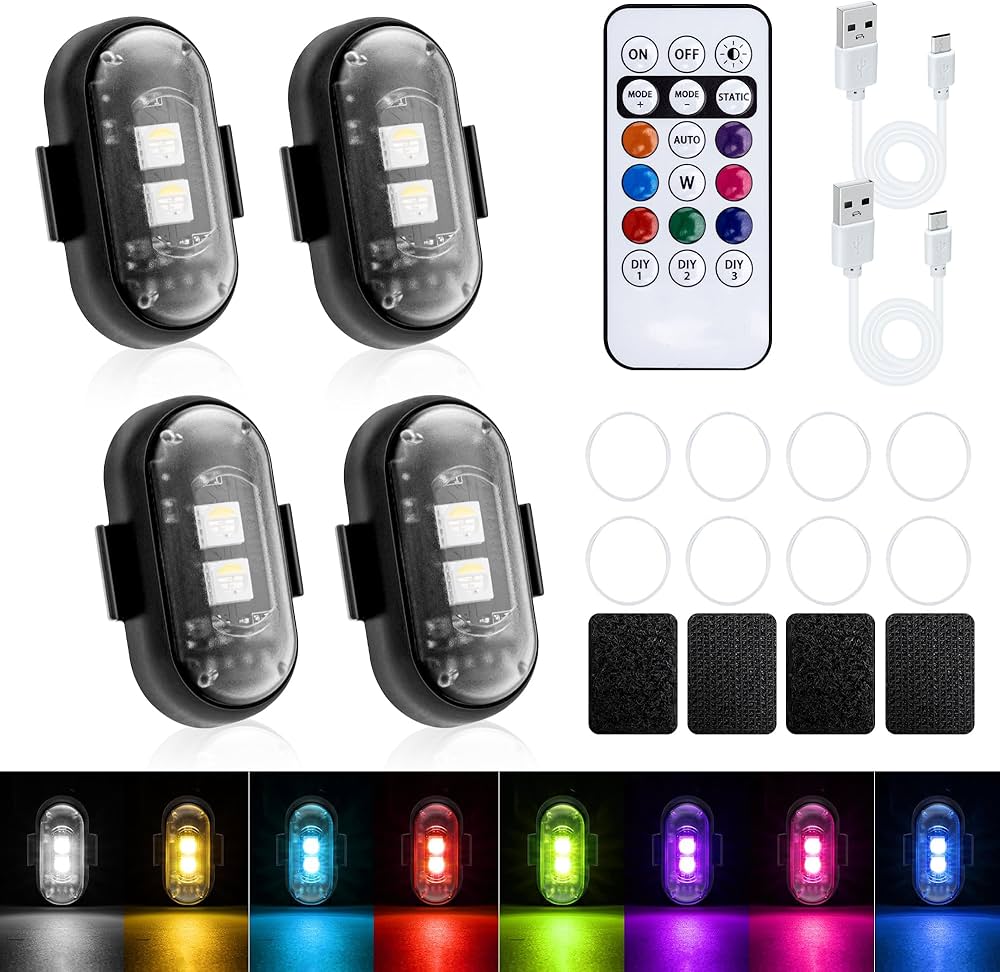 Problems Solved 4-pack LED car strobe lights with remote, wireless ambient lights in 8 colors, showing installed on vehicle.