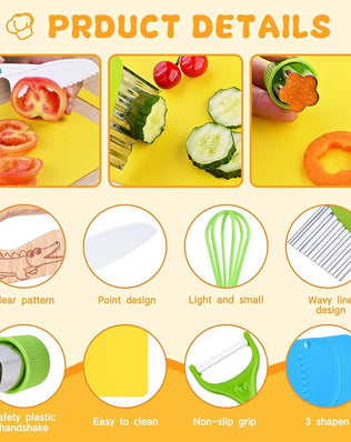 Kids safety knife set by Problems Solved, 17-piece children's kitchen knife set with colorful blades for real cooking fun.
