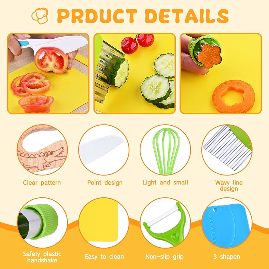 Kids safety knife set by Problems Solved, 17-piece children's kitchen knife set with colorful blades for real cooking fun.