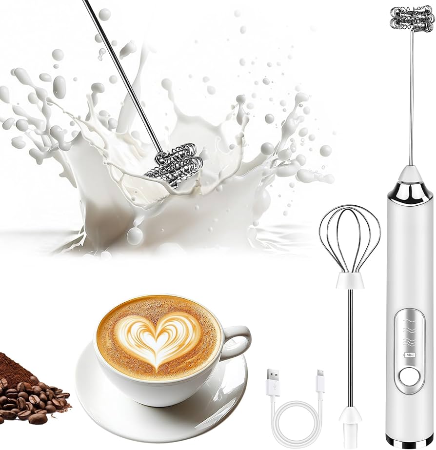 Problems Solved handheld milk frother wand with stainless steel whisks for creamy coffee foam and frothing.