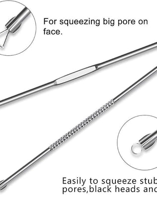 Problems Solved blackhead removal tool kit with four silver facial care tools and storage box, designed for nose and skin pore cleaning.