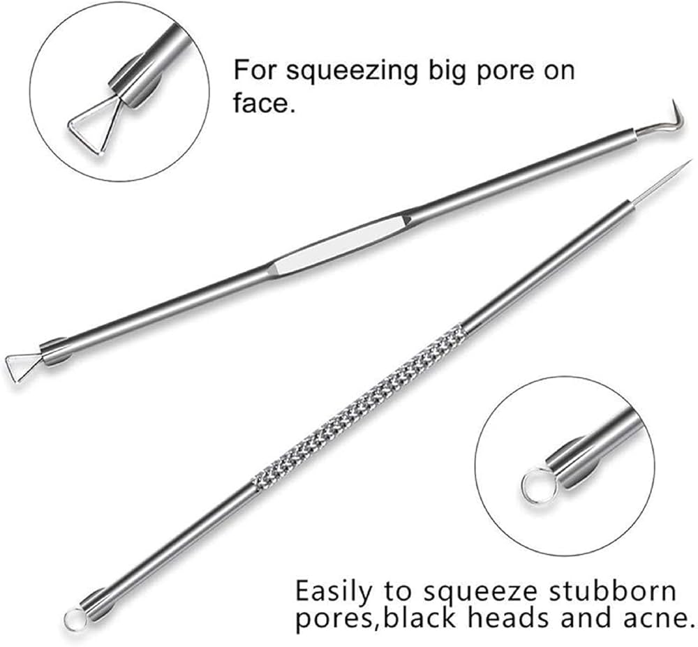 Problems Solved blackhead removal tool kit with four silver facial care tools and storage box, designed for nose and skin pore cleaning.