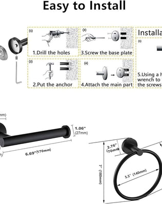 Towel Ring, Wall Mounted Toilet Paper Holder, 2 Pieces Classic Matte Black