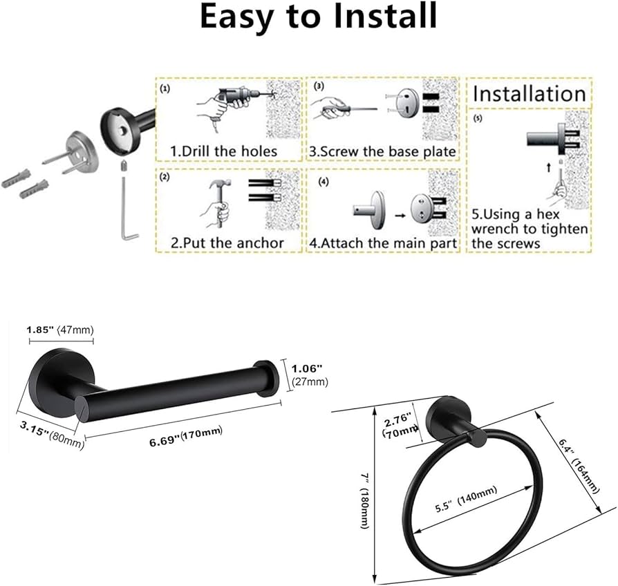 Towel Ring, Wall Mounted Toilet Paper Holder, 2 Pieces Classic Matte Black