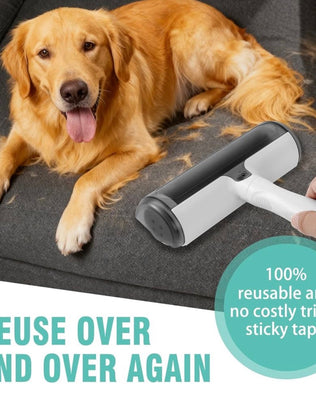 Problems Solved reusable lint roller for pet hair, showing extra sticky surface and washable design for cats and dogs.