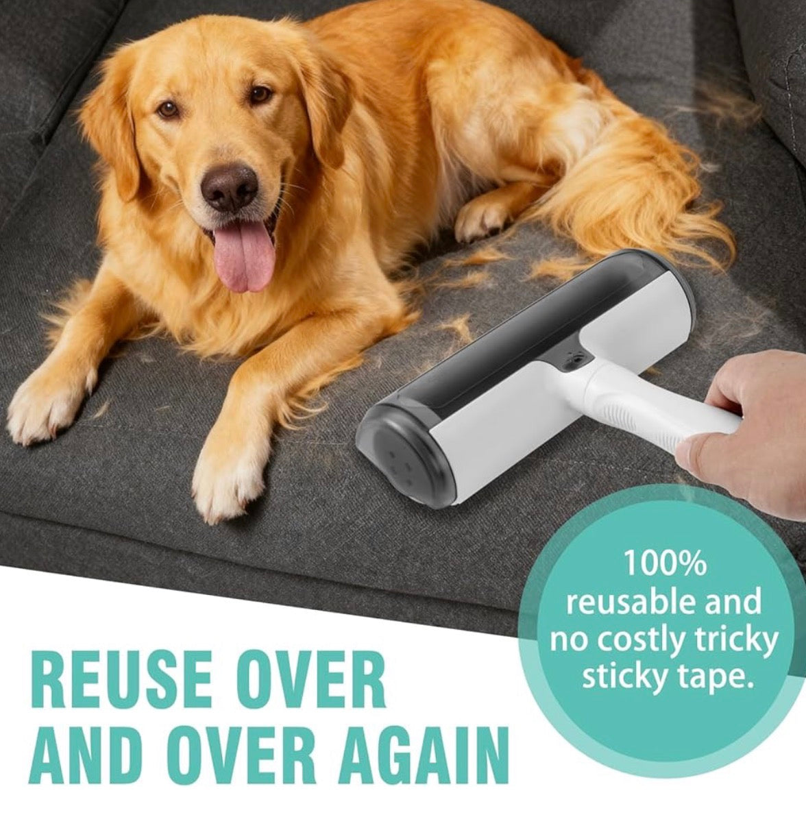Problems Solved reusable lint roller for pet hair, showing extra sticky surface and washable design for cats and dogs.