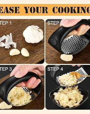 Problems Solved stainless steel garlic press with ergonomic handle and garlic crusher for easy garlic crushing.