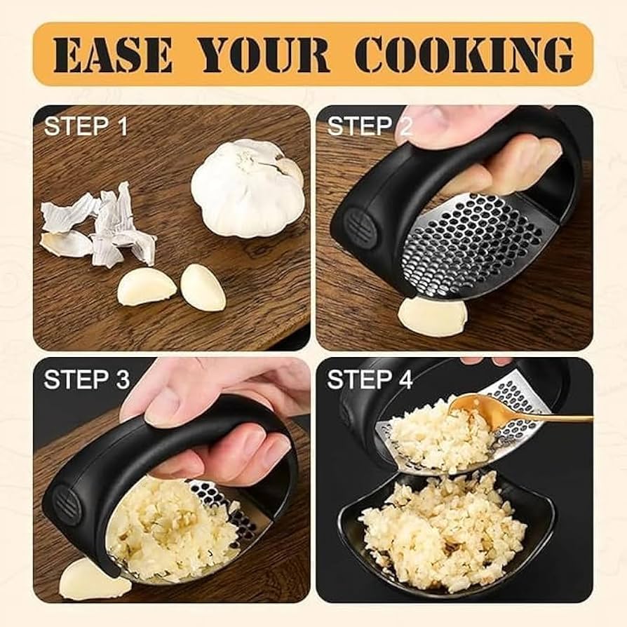 Problems Solved stainless steel garlic press with ergonomic handle and garlic crusher for easy garlic crushing.