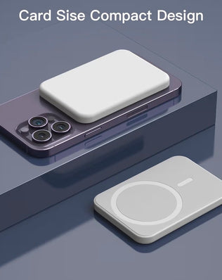 Wireless magnetic power bank by Problems Solved with 5000mAh capacity, portable charger with sleek design and magnetic attachment.