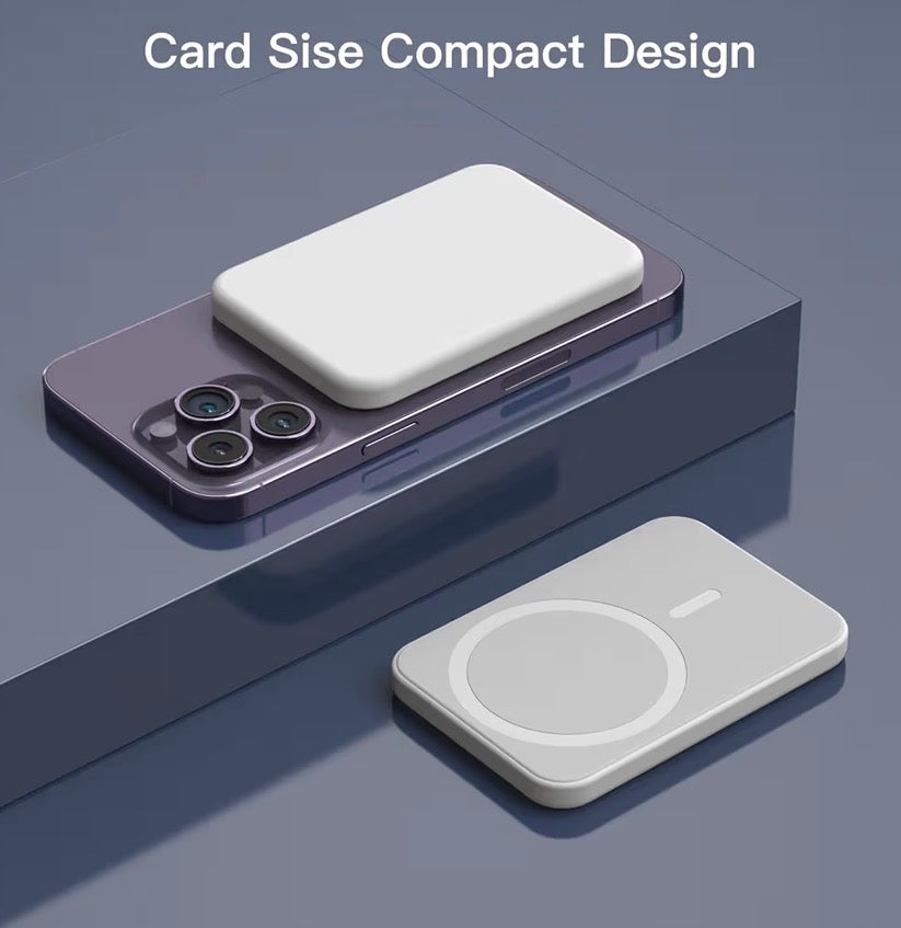 Wireless magnetic power bank by Problems Solved with 5000mAh capacity, portable charger with sleek design and magnetic attachment.