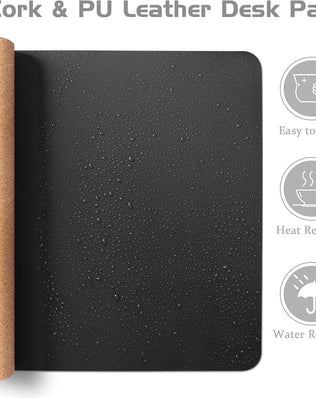 Problems Solved double-sided PU leather and eco cork desk pad, showing a sleek, durable workspace protector on a desk.
