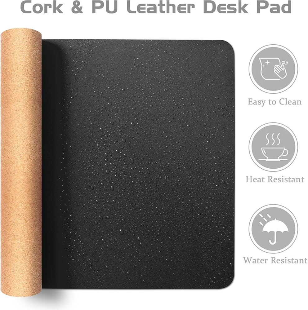 Problems Solved double-sided PU leather and eco cork desk pad, showing a sleek, durable workspace protector on a desk.