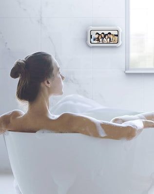 Problems Solved waterproof shower phone holder with 480º rotation wall mount, designed for secure, hands-free phone use in the bathroom.